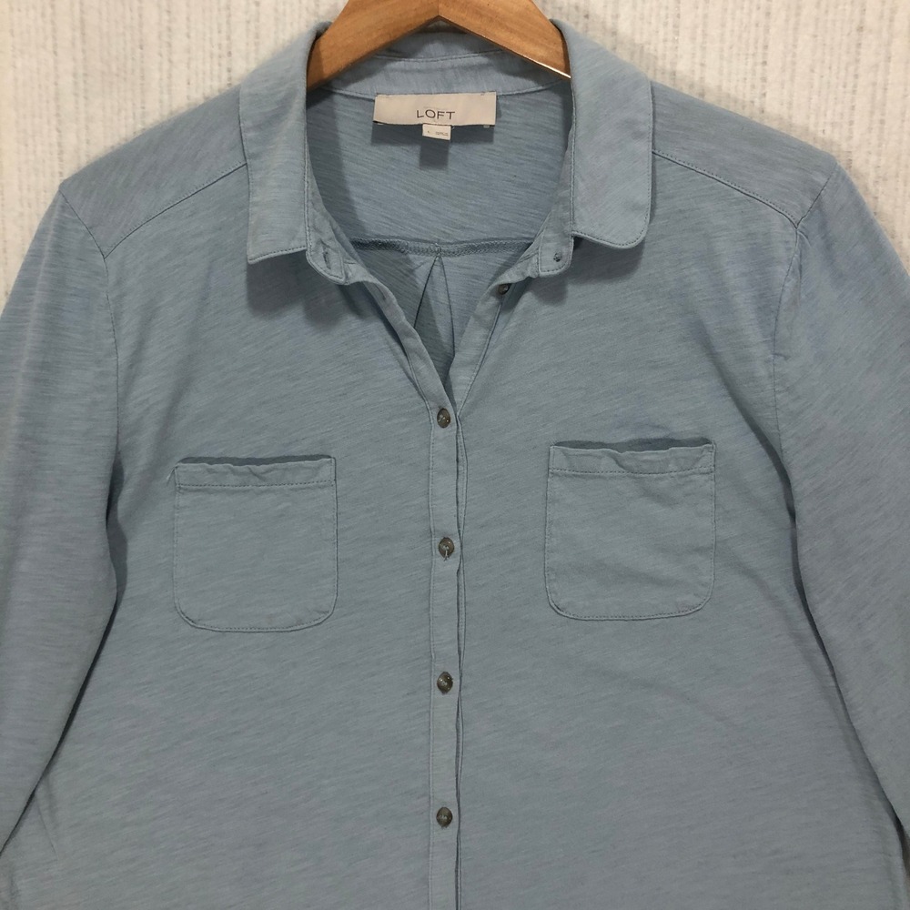 Loft Womens Light Blue Cotton Slub Knit Long Sleeve Button Down Shirt Size L